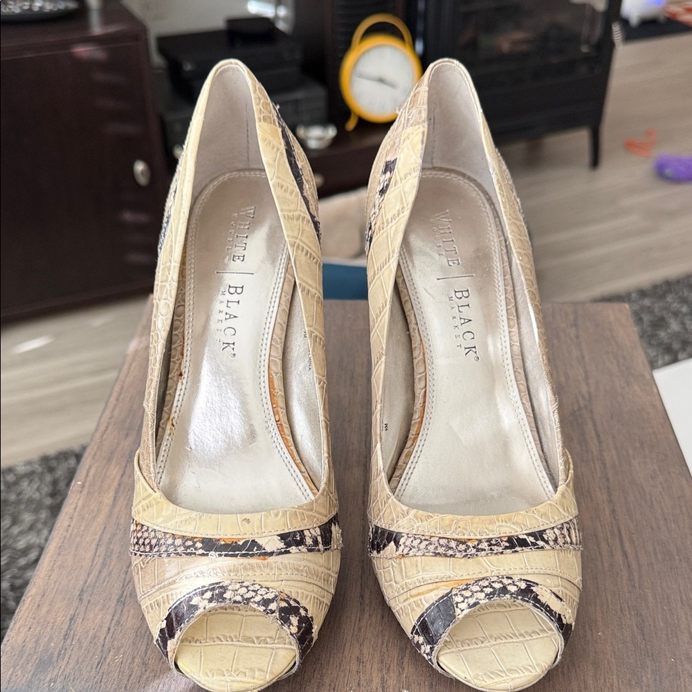 White House Black Market Yellow Snakeskin Heels